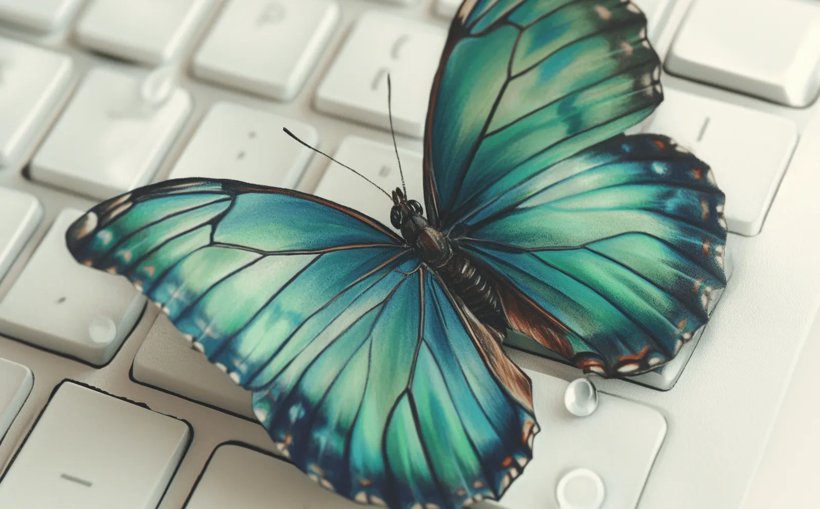 A teal butterfly sitting on white keyboard, a tribute to Laloux's book cover